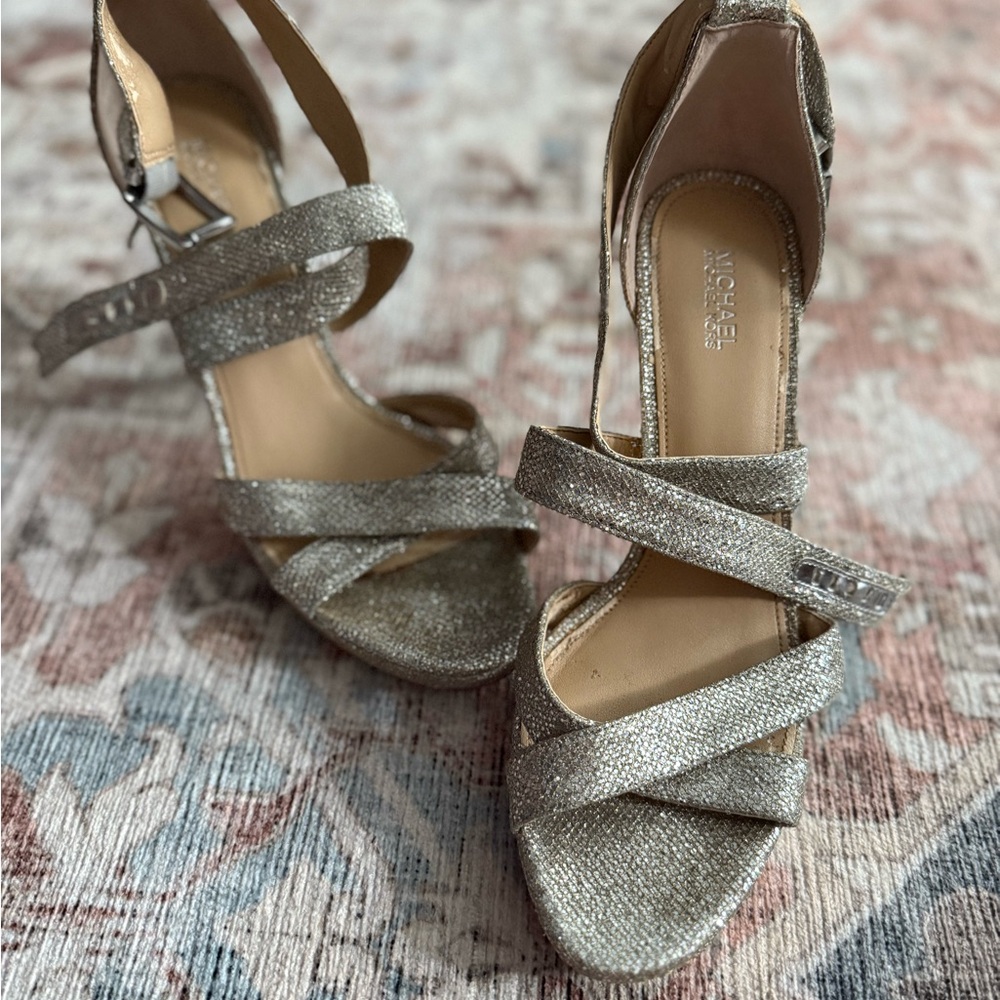 Michael Kors Silver Glitter Strappy Heels – Size 9M (Lightly Used)